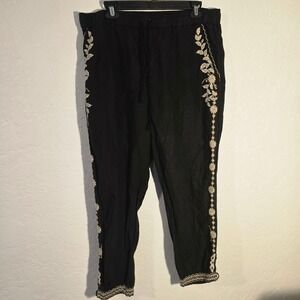 JW Los Angeles L Black Linen Embroidered floral Pants Johnny Was Boho 35x26